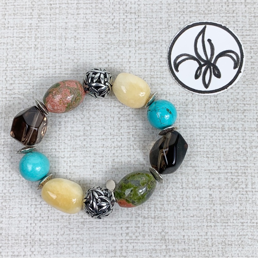 Statement Natural Stone Bead Stretch Bracelet Howlite Quartz Agate Jasper